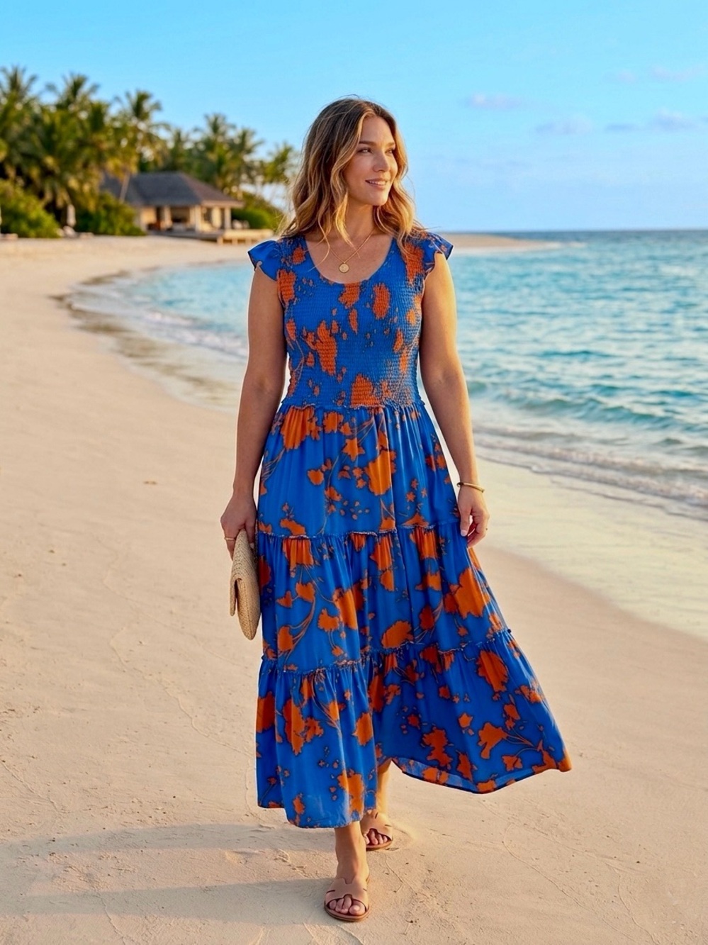 Abel The Label Blue Orange Floral Smocked Maxi Dress Size L